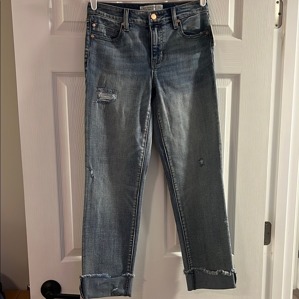 Liverpool Dark Washed Cropped Distressed Jeans